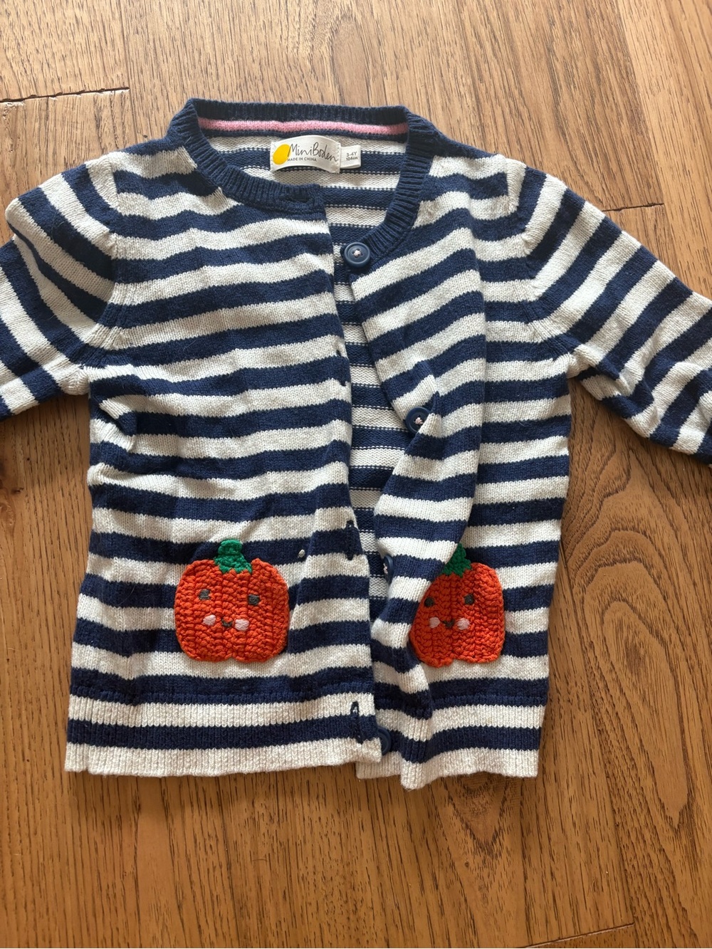 Mini Boden Navy & White Striped Cardigan with Pumpkin Pockets